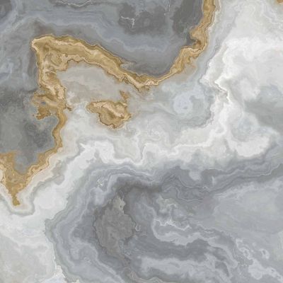 White marble pattern with curly grey and golden veins.