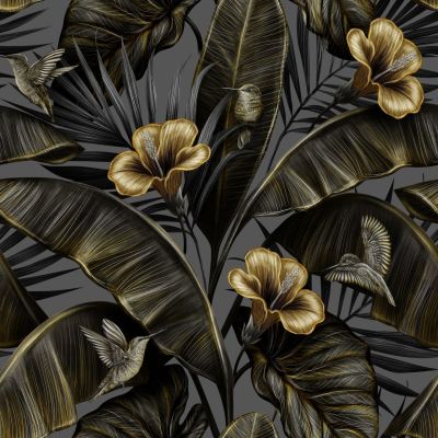 Stick Golden hibiscus flowers vintage palm banana leaves