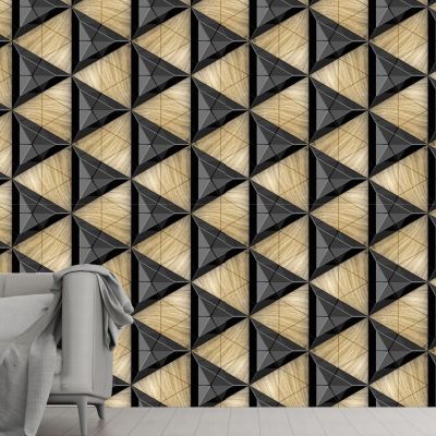 Black ceramic tiles composite 3D triangles with bevels and simple triangular wood elements