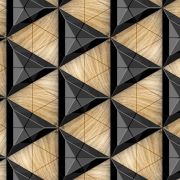 Black ceramic tiles composite 3D triangles with bevels and simple triangular wood elements