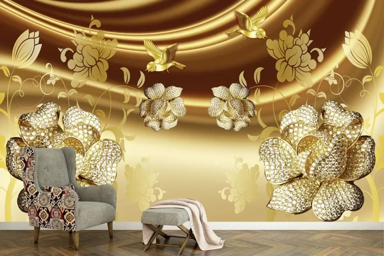 Luxurious Golden Floral 3D Mural Wallpaper | Mourad Artworks Dubai