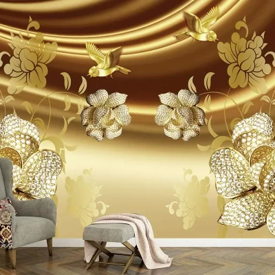 Luxurious Golden Floral 3D Mural Wallpaper | Mourad Artworks Dubai